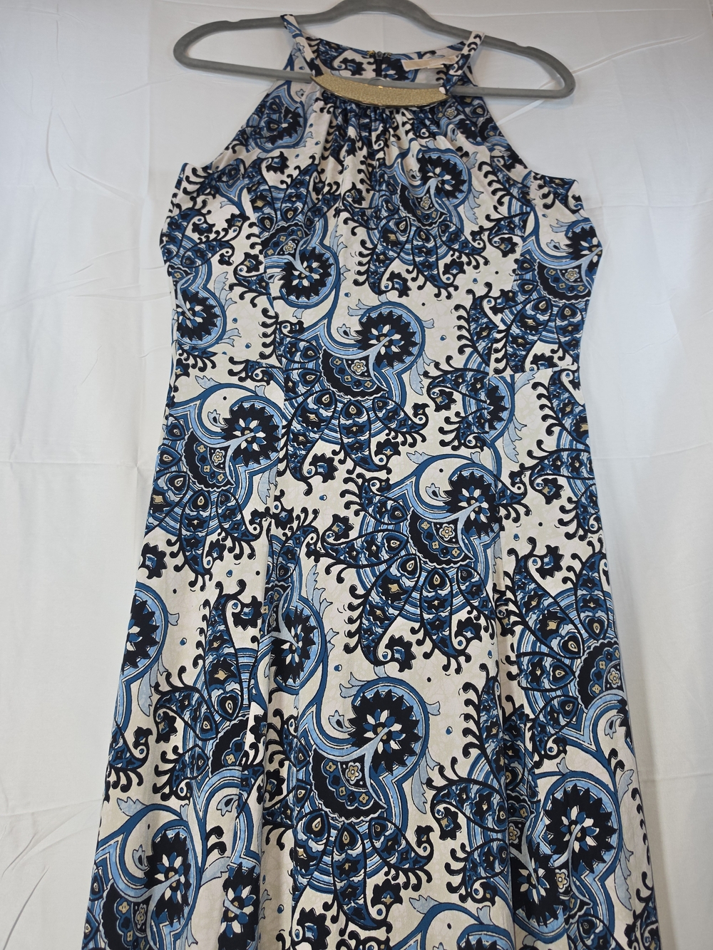 Michael Michael Kors Size M Blue & Ivory Paisley Maxi Dress Gold Neckline